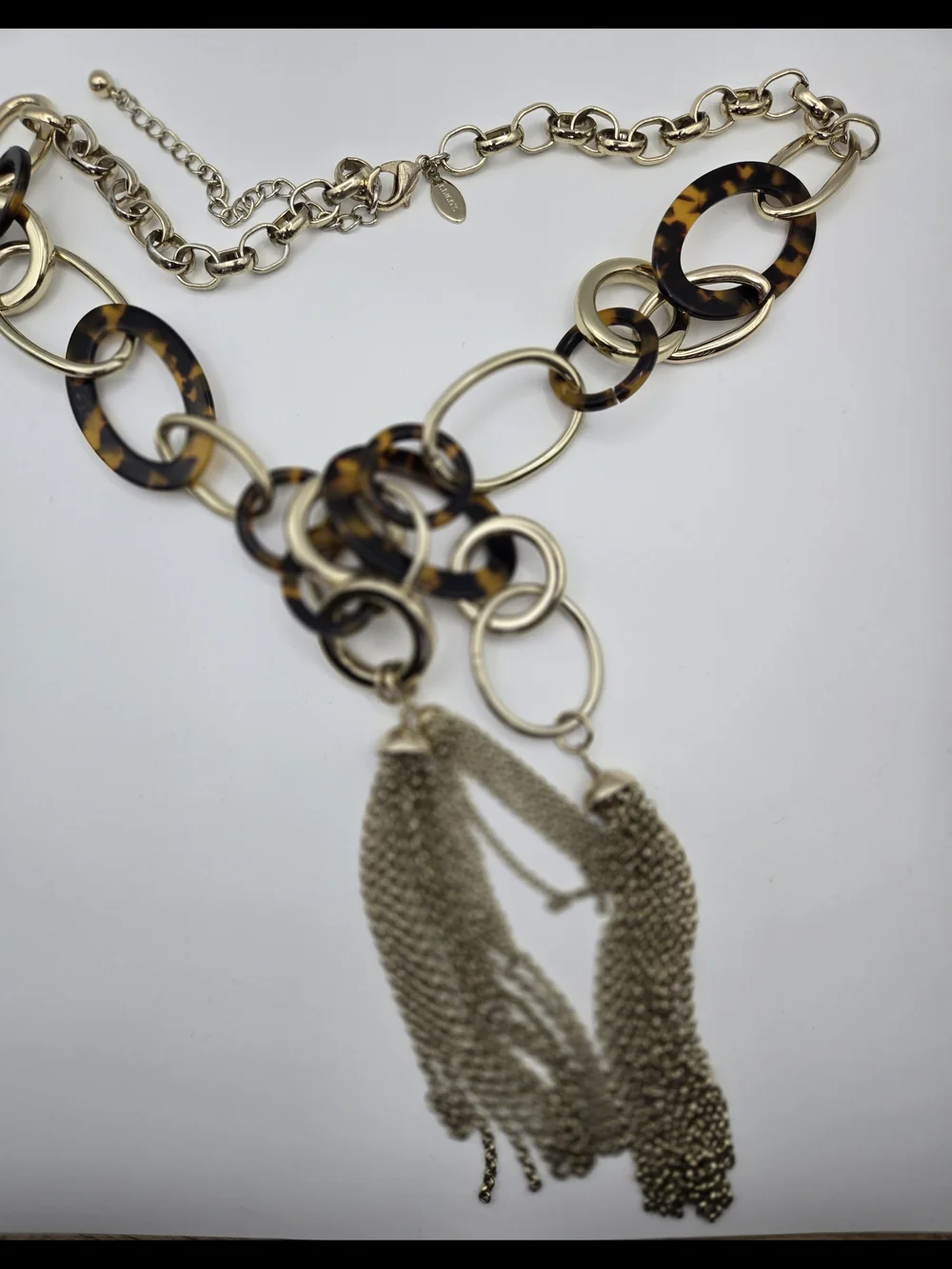 Chico's Long Tortoiseshell Gold Chain-Link Necklace Gold Tassels Bold Statement
